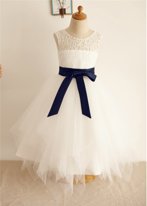 Ivory Lace Handkerchief Tulle Skirt Keyhole Back Flower Girl Dress